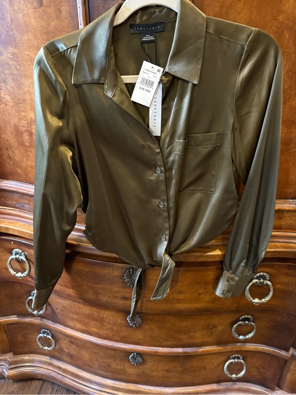 Sanctuary Olive Satin Tie-Front Button Down Blouse